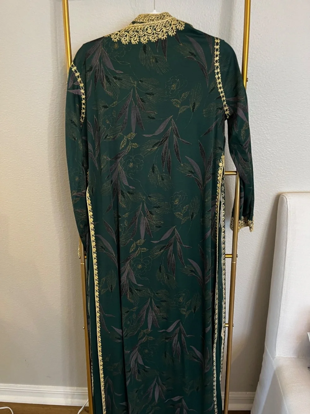 Vintage Emerald Green Embroidered 3 Piece Kaftan Set Maxi Dress Robe Scarf